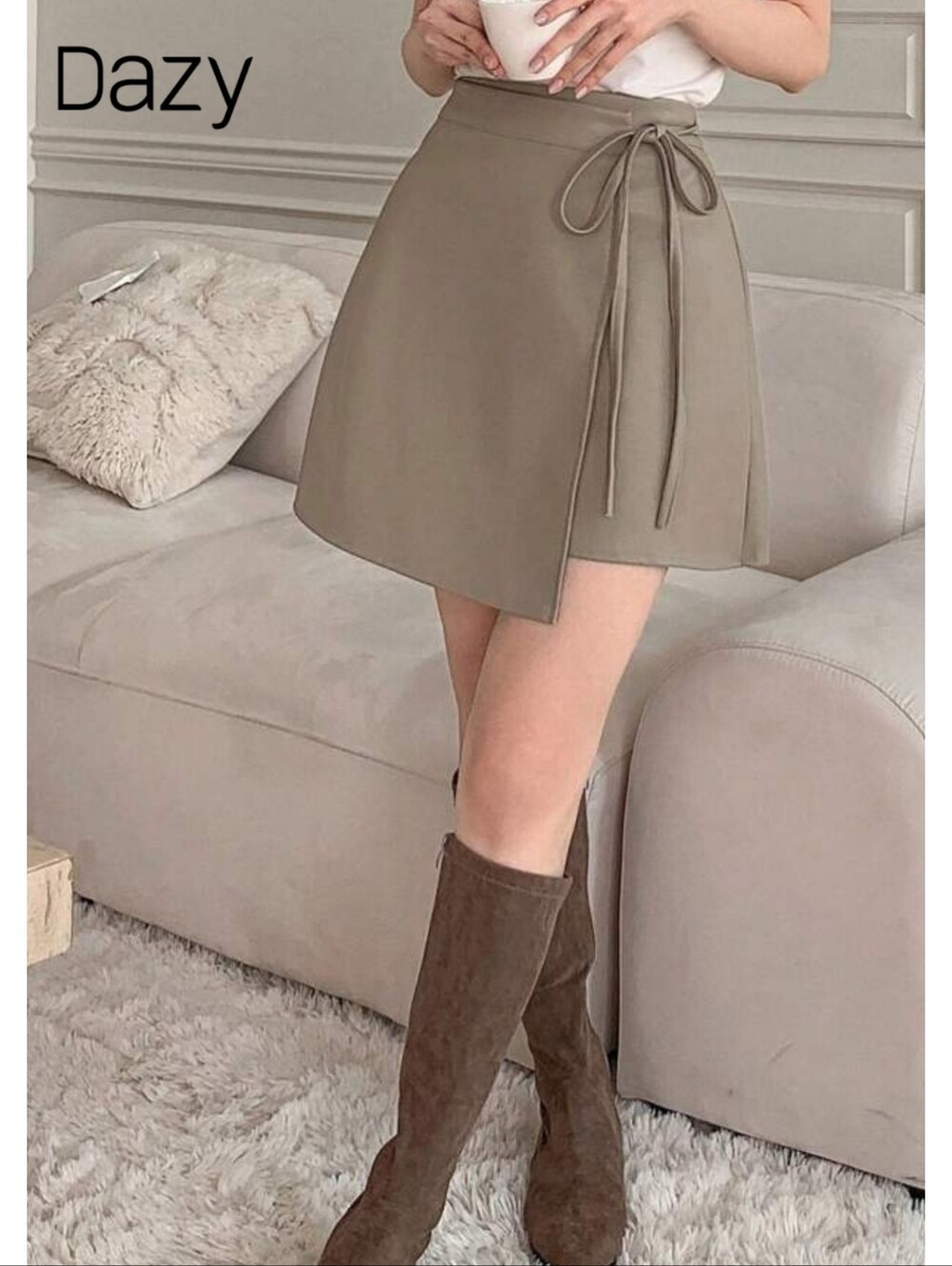 Dazy Faux Leather Wrap Mini Skirt In Taupe Size L